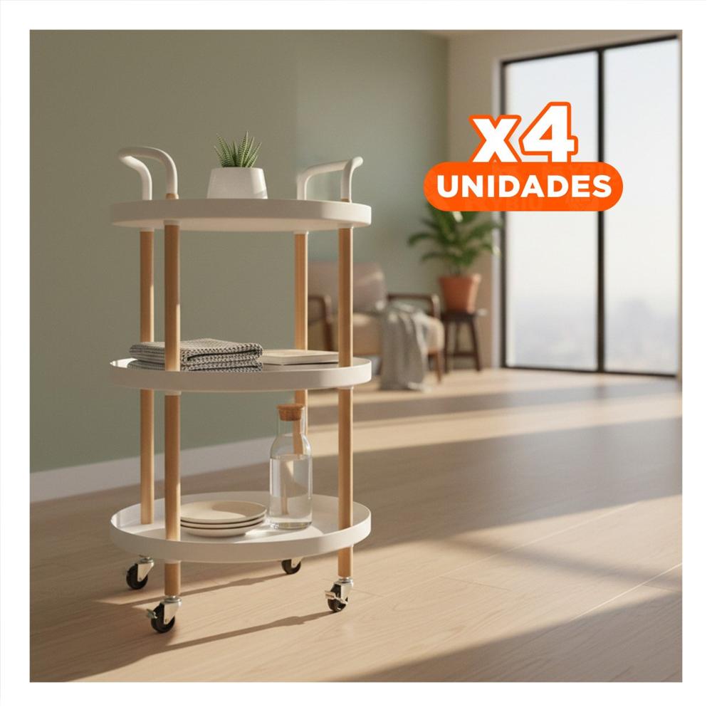 Pack4 Mesa Carrito 3 Niveles Circular con Asa Blanco Compacto y Resistente Y Regalo Sticker