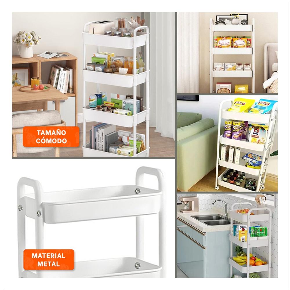 Mueble Carrito Blanco de Metal con 4 Niveles Moviles para Cocina Moderna Y Ligas Regalo