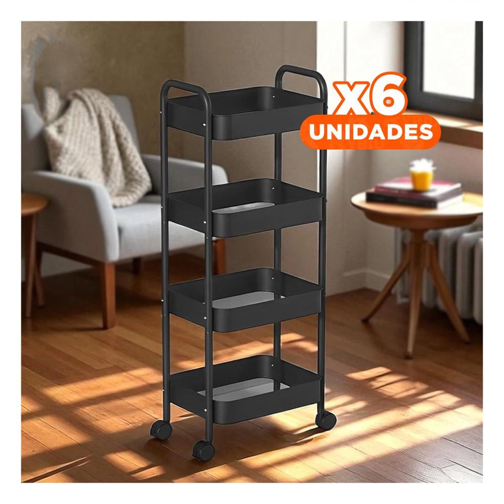 Pack6 Unidad Auxiliar de Metal Negro con Cuatro Niveles y Ruedas para Cocina Casa