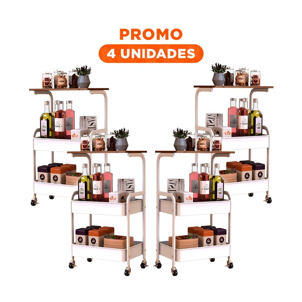 Pack4 Mueble Carrito con Mesa 3 Niveles Forma Moderna con Ruedas Blanco