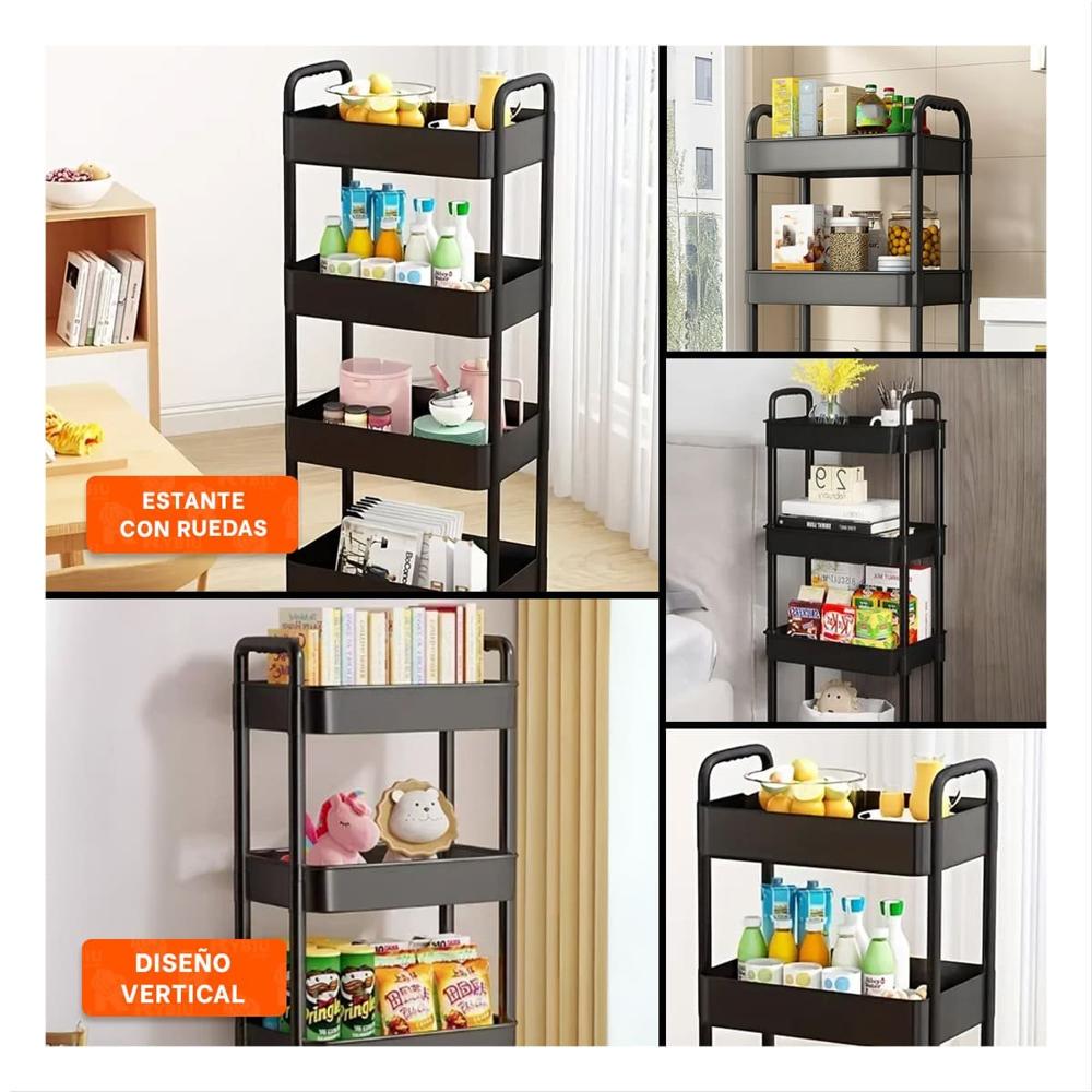Mueble Auxiliar 4 Niveles con Ruedas y Asas de Plastico Negro para Casa Y Ligas Regalo
