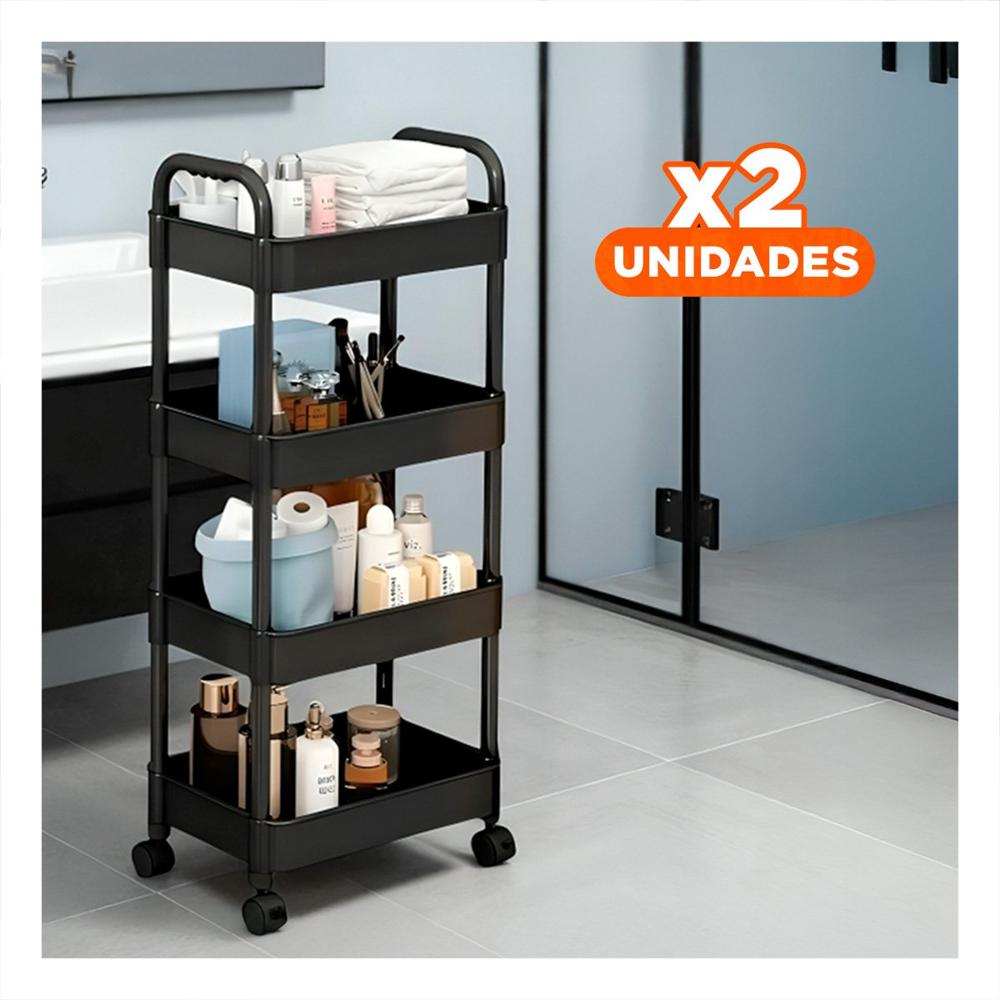 Pack2 Estanteria Movil de Metal Negro con Cuatro Niveles y Ruedas para Organizacion