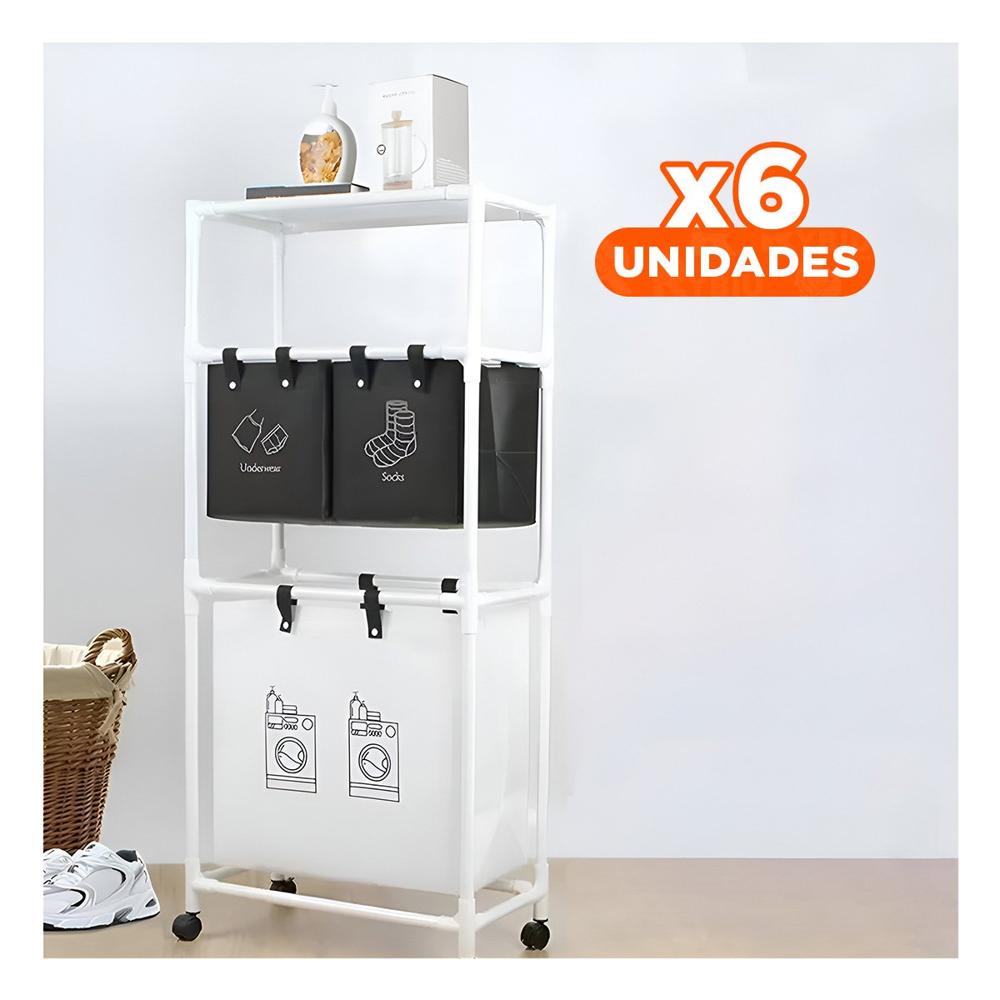 Pack6 Torre Ropa Sucia 3 Niveles Diseno Funcional con 3 Cestos Negro Blanco