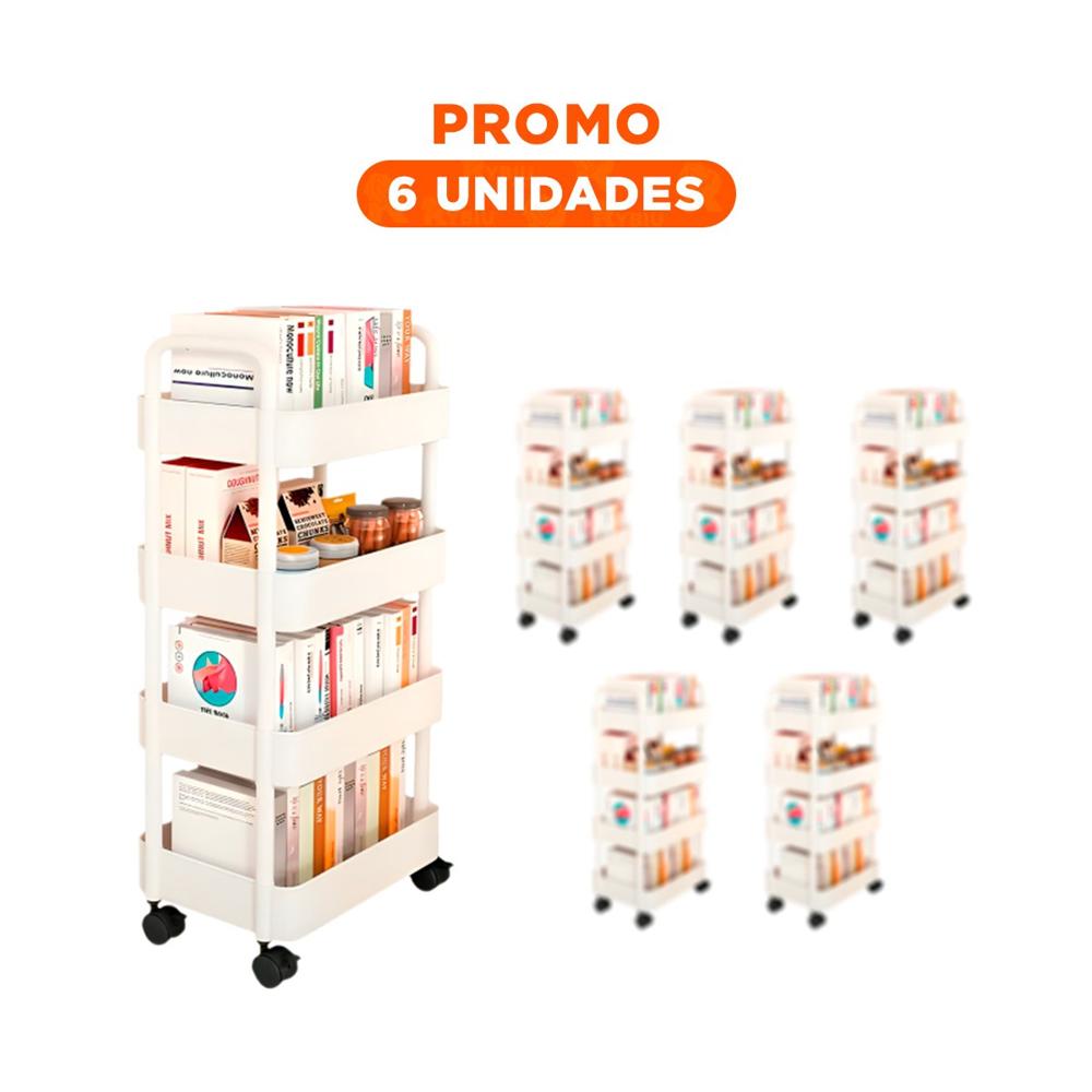 Pack6 Soporte Rodante Blanco de Plastico con Cuatro Niveles Ruedas y Asas Casa Y Regalo Sticker