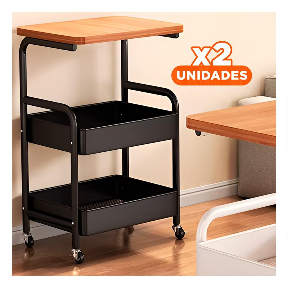 Pack2 Mueble Carrito con Mesa 3 Niveles con Ruedas Diseno Funcional Negro