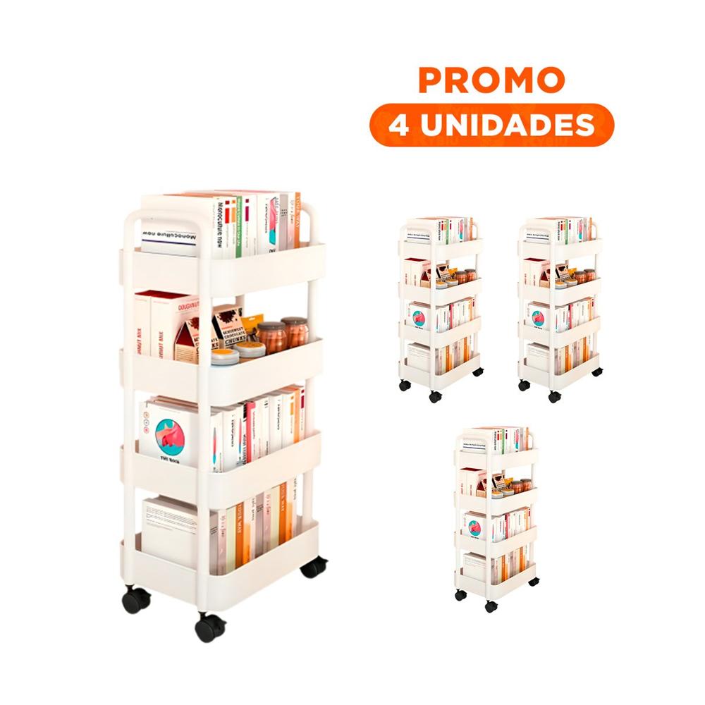 Pack4 Rack Movil Blanco de Plastico con Cuatro Niveles Ruedas y Asas Hogar