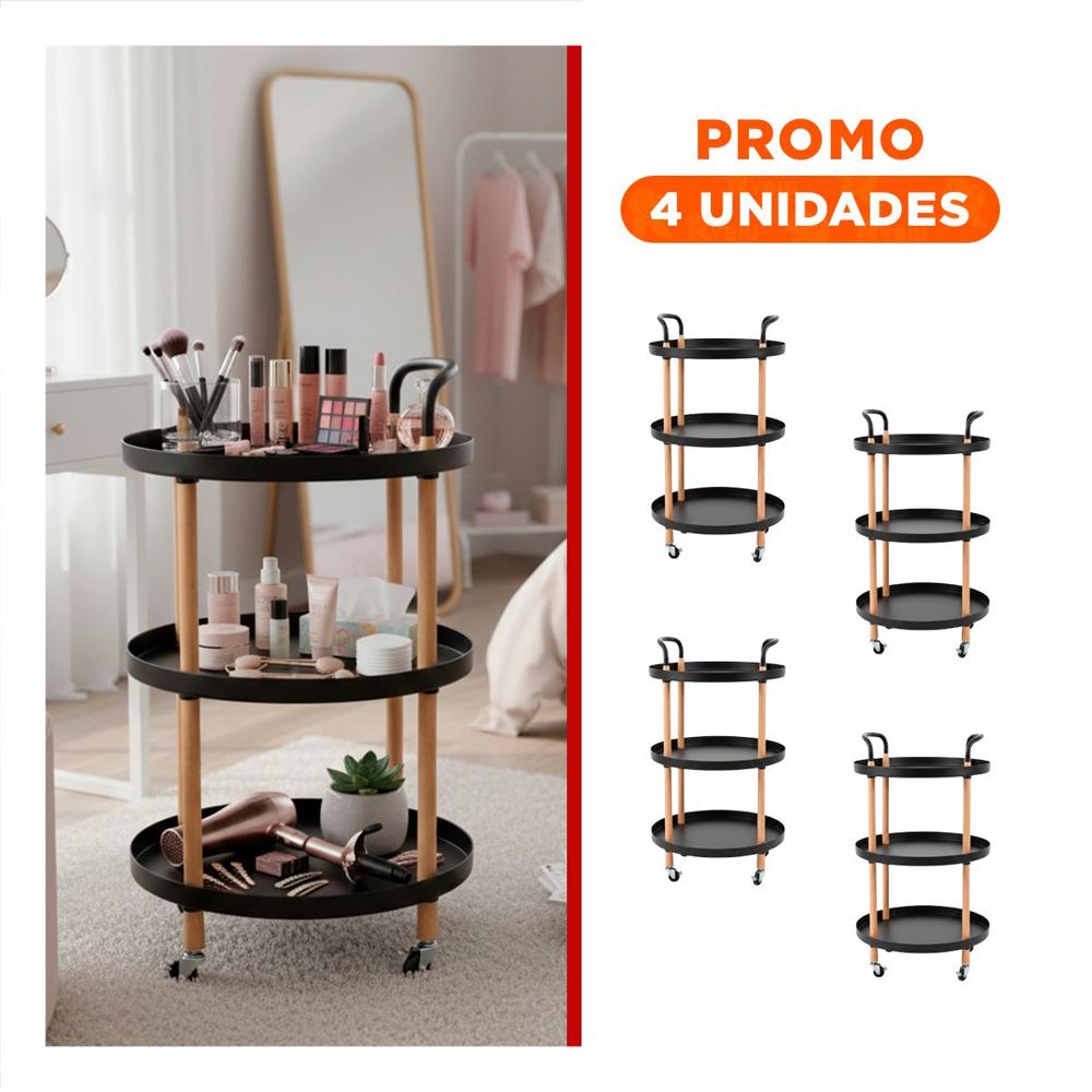 Pack4 Soporte 3 Niveles Circular con Asa Negro Para Organizar y Decorar Hogar
