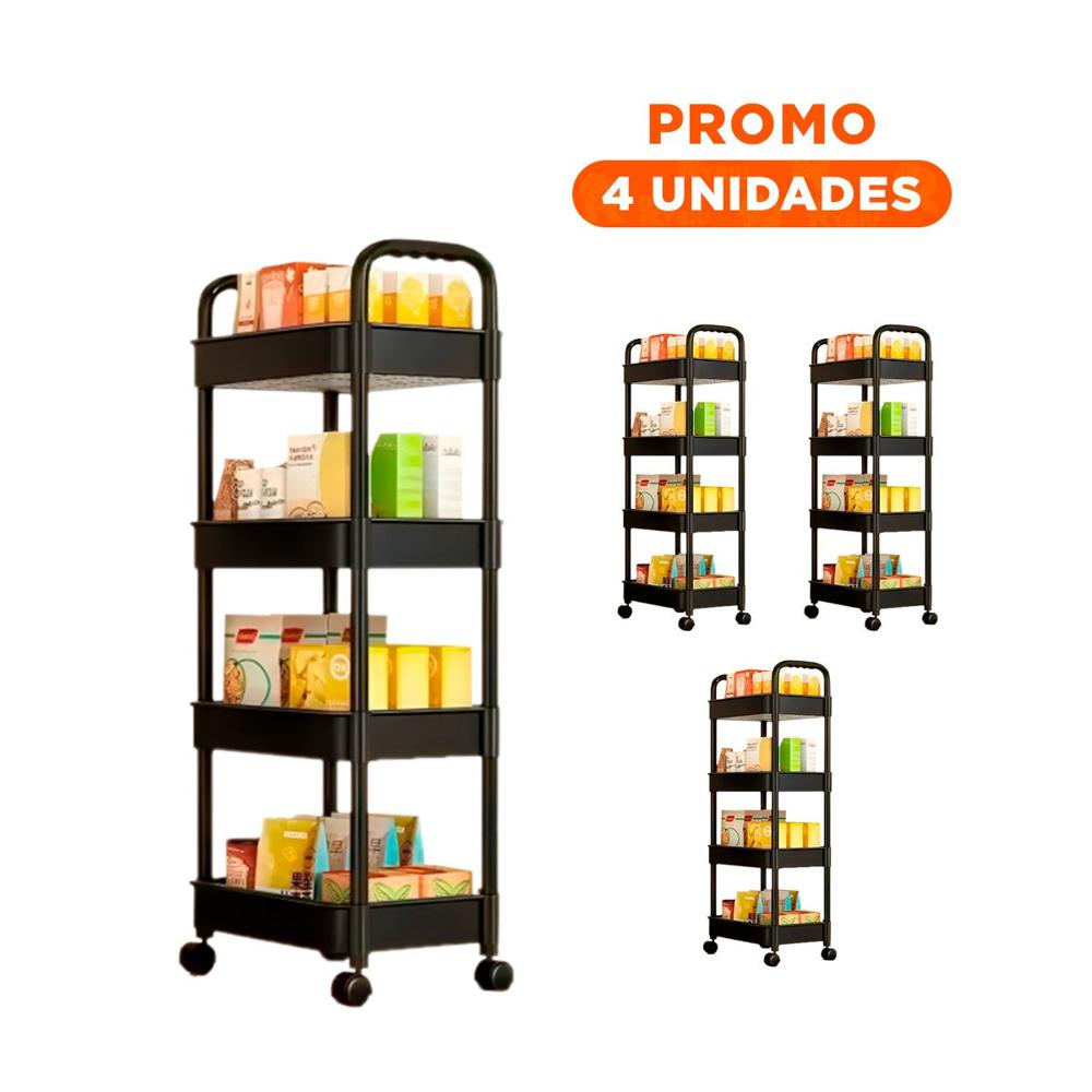 Pack4 Mueble Movil 4 Niveles con Ruedas y Asas de Plastico Negro para Cocina