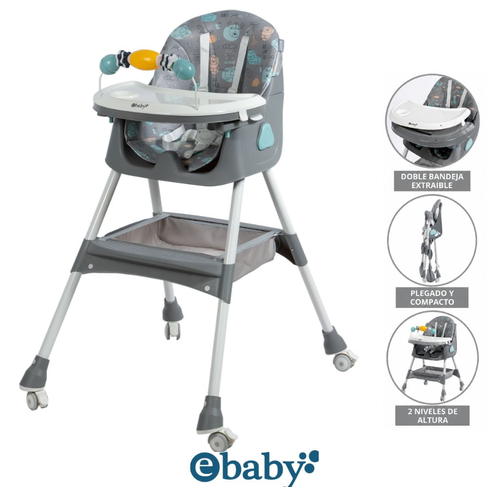 Silla de comer Ebaby Lulu Gris Con Ruedas Doble bandeja