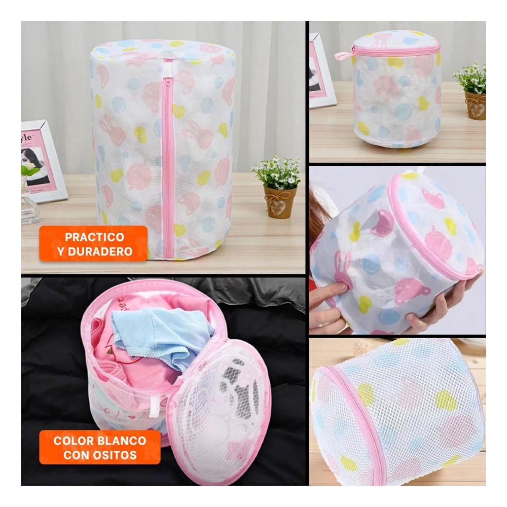 Bolsa Malla Lavadora Ropa Diseno Cilindro Blanco con Ositos Resistente Y Ligas Regalo