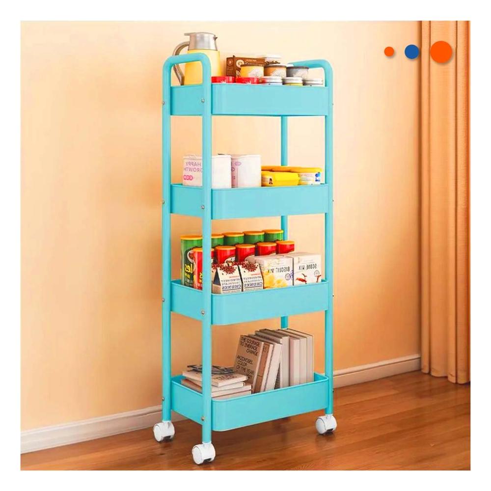 Organizador Movil de Cuatro Niveles con Ruedas y Asas Metal Celeste Hogar Y Papel Regalo