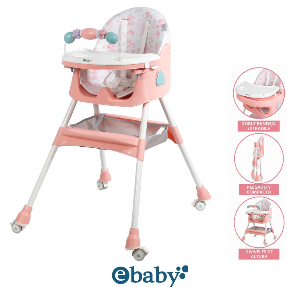 Silla de comer Ebaby Lulu Rosado Con Ruedas Doble bandeja