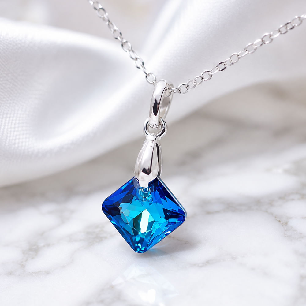 Collar de Plata 925 con Dije Diseño Rombo Azul Joyeria Fina para Regalo