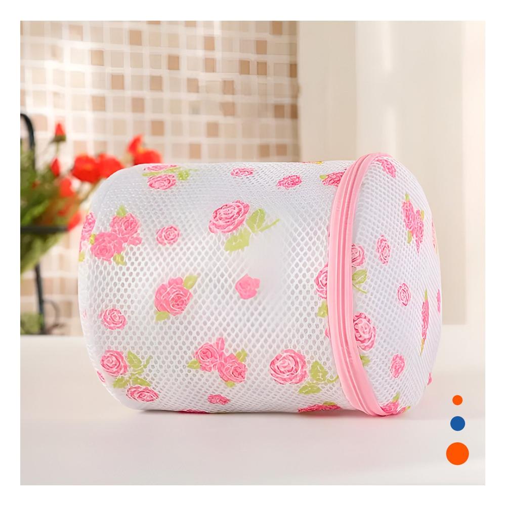 Bolsa Malla Lavado Ropa Forma Cilindro Blanco con Flores Fino Uso Diario Y Papel Regalo