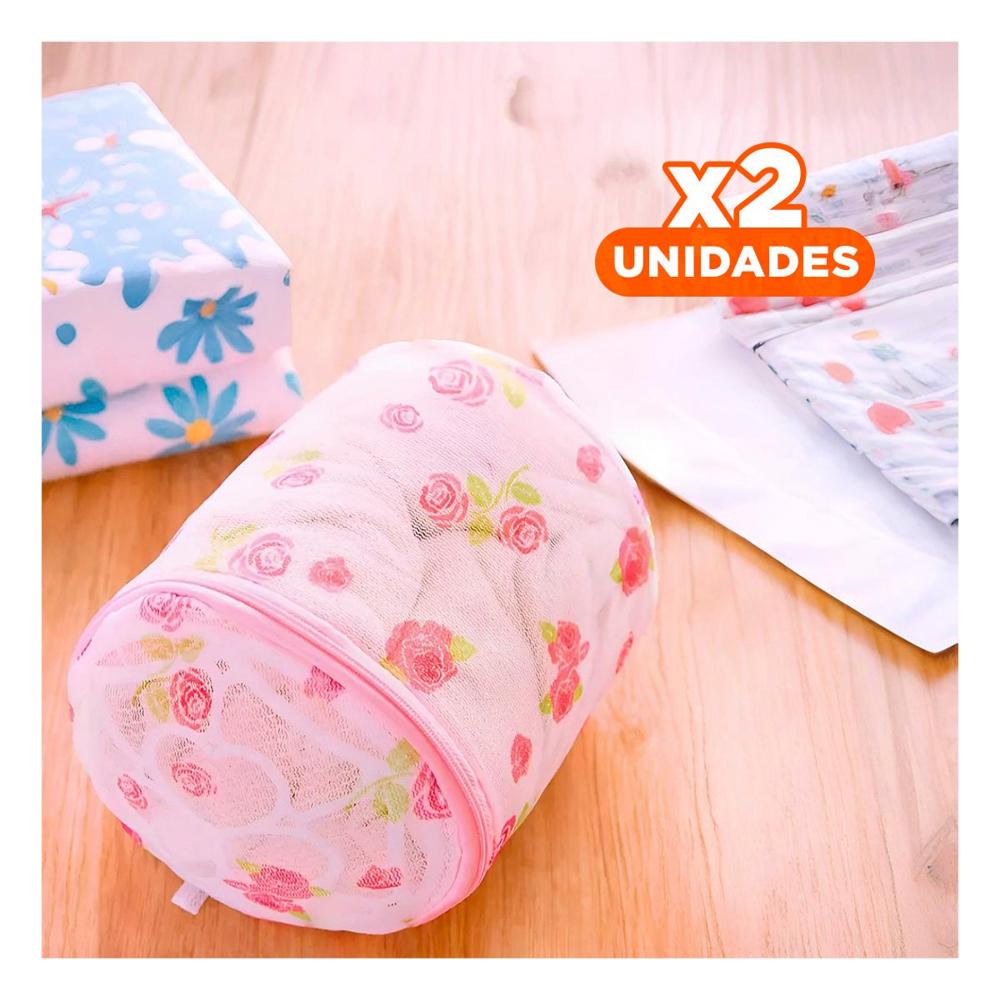 Pack2 Estuche Malla Lavado Ropa Forma Cilindro Blanco con Flores Fino Diario Y Papel Regalo