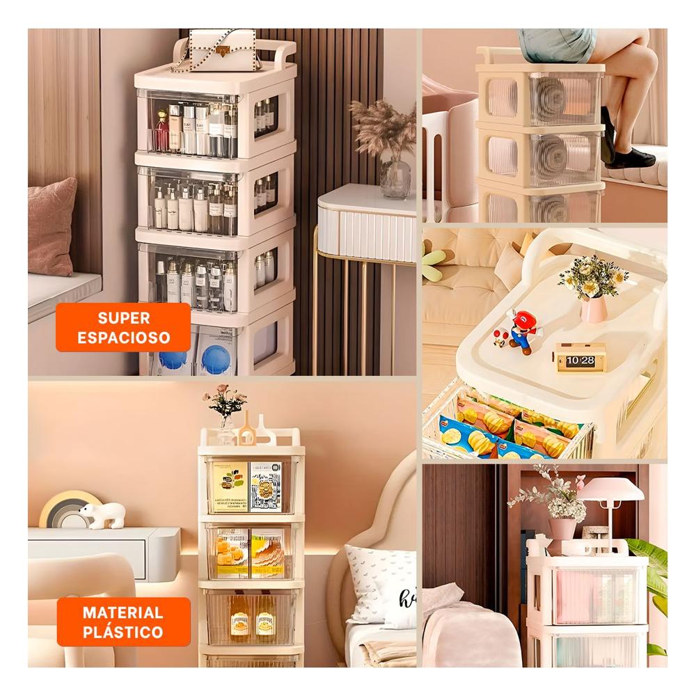 Carrito Organizador Cerrado con Cajones 4 Niveles y Asa Beige Claro Funcional Y Ligas Regalo