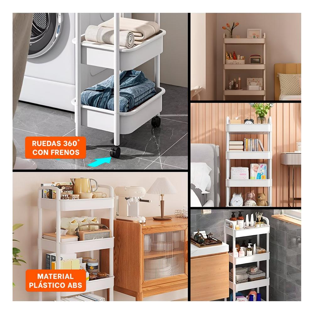 Carrito Movil Blanco de Plastico con Cuatro Niveles Ruedas y Asas para Casa Y Ligas Regalo