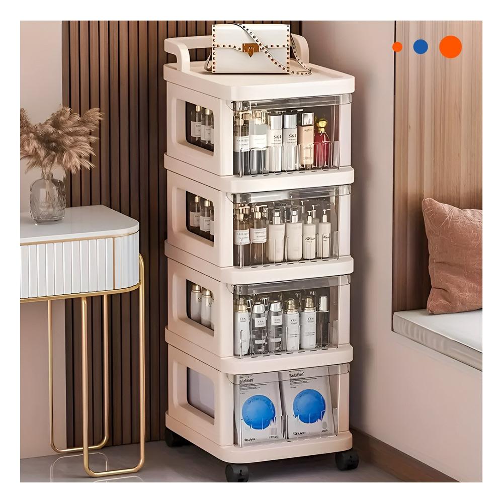 Carrito Organizador Cerrado con Cajones 4 Niveles y Asa Beige Claro Compacto Y notas