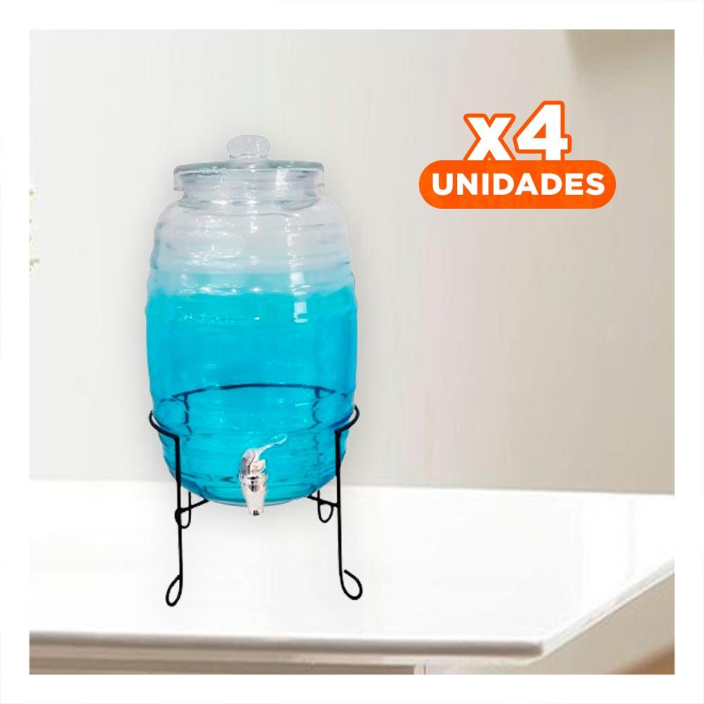 Pack4 Fuente de Bebidas 10L con Base Metalica y Tapa Chupon Transparente Celeste Y Papel Regalo