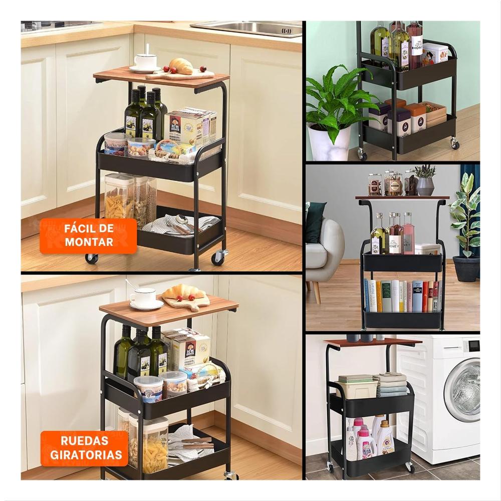 Estante Carrito con Mesa 3 Niveles Forma Moderna con Ruedas Negro Y Ligas Regalo