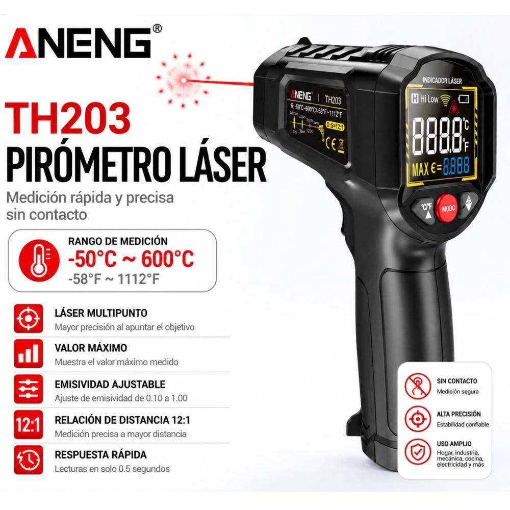 PIROMETRO LASER ANENG 600 GRADOS MAX EMISIVIDAD AJUSTABLE