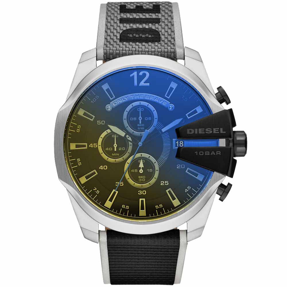 Reloj Diesel Mega Chief DZ4523 Fecha Cronometro Cristal Iridiscente Correa de Nailon y Cuero