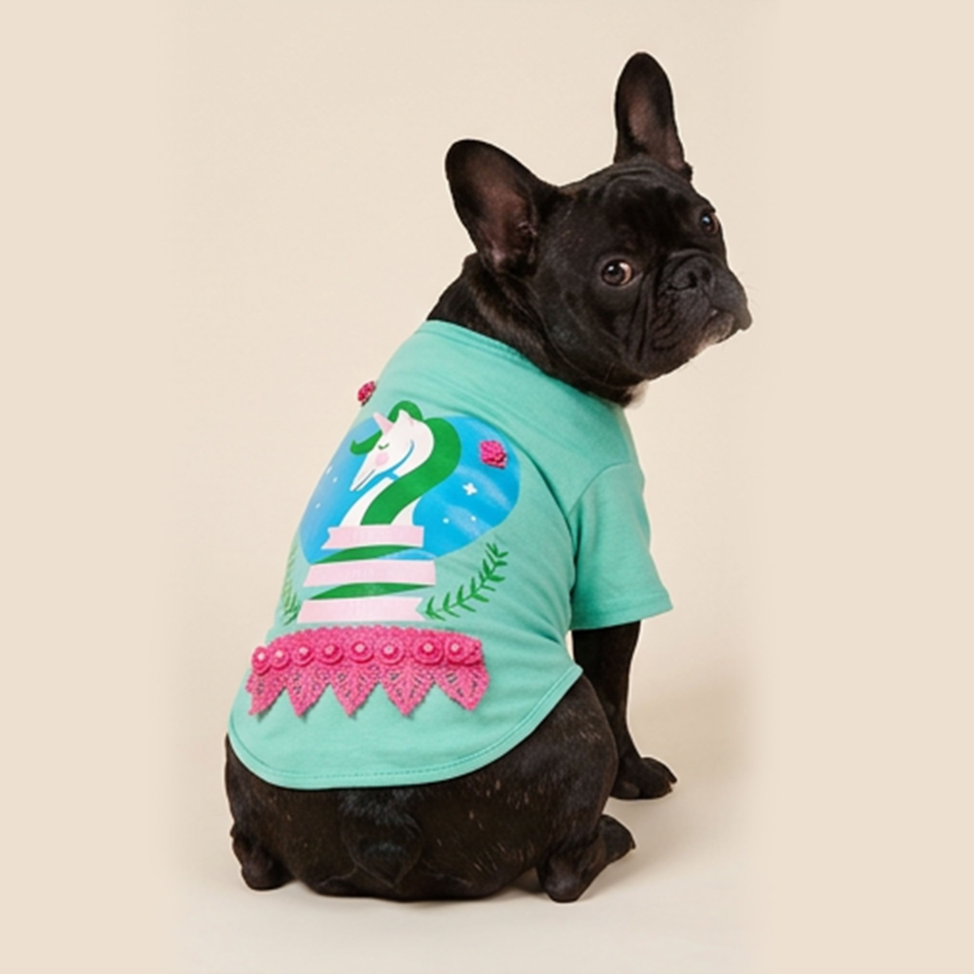 POLO PARA PERRITA DISEÑO UNICORNIO DE ALGODÓN JERSEY VERDE TURQUESA ROPA PARA MASCOTA - TALLA L