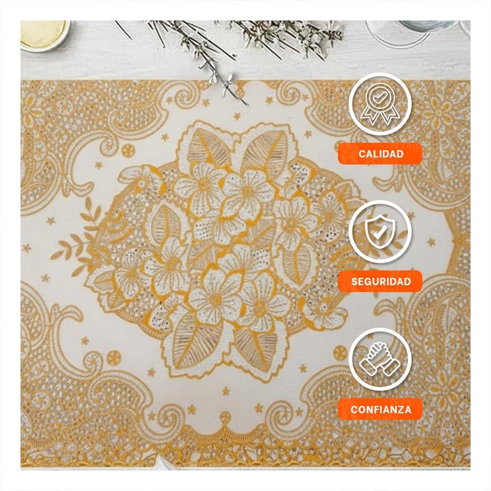 Mantel Rectangular Dorado con Encaje Floral para Mesa Elegante