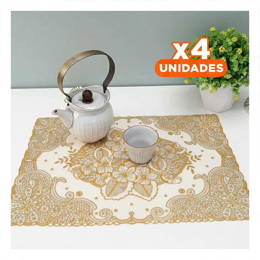Pack4 Protector Rectangular Dorado con Encaje Floral para Mesa de Casa Y Regalo Sticker