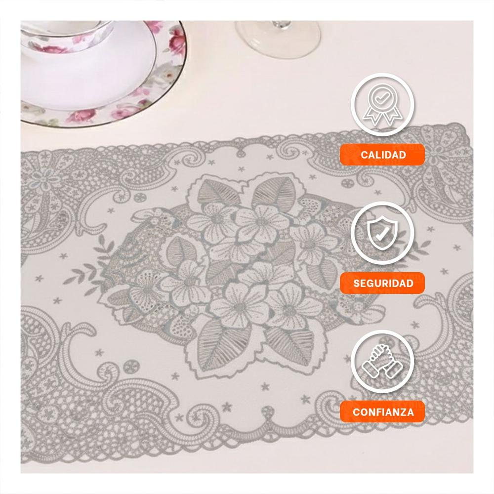 Mantel Rectangular Plateado con Encaje Floral para Mesa Elegante