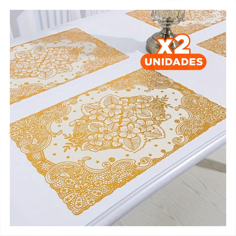 Pack2 Cubierta Rectangular Dorado con Encaje Floral para Mesa Moderna