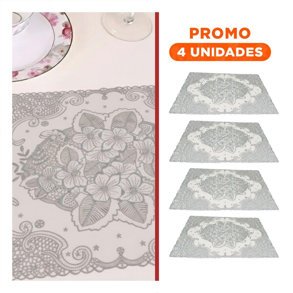 Pack4 Protector Rectangular Plateado con Encaje Floral para Mesa de Casa YRegalo Sticker