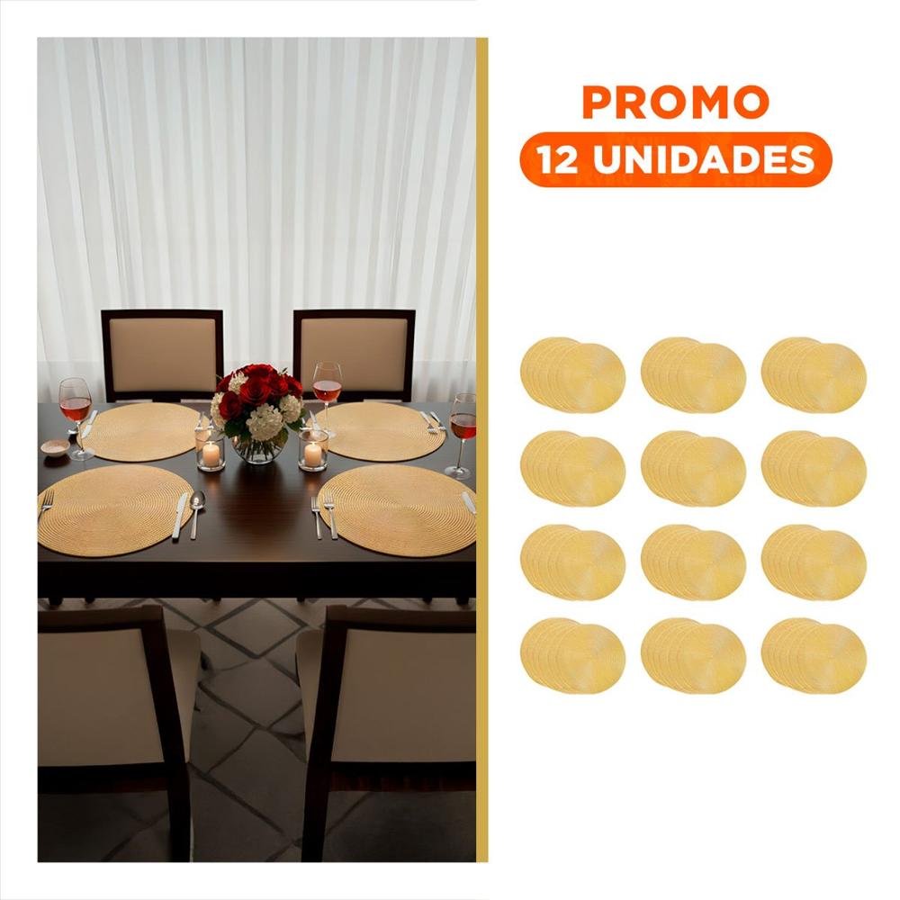 Pack12 Base Individual Circular Dorado Pajita Brilloso con Medida 38x38cm