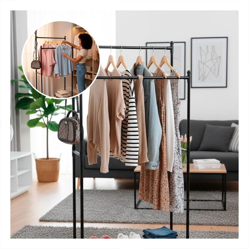Estante Colgador Doble De Ropa Negro para Dormitorio y Casa