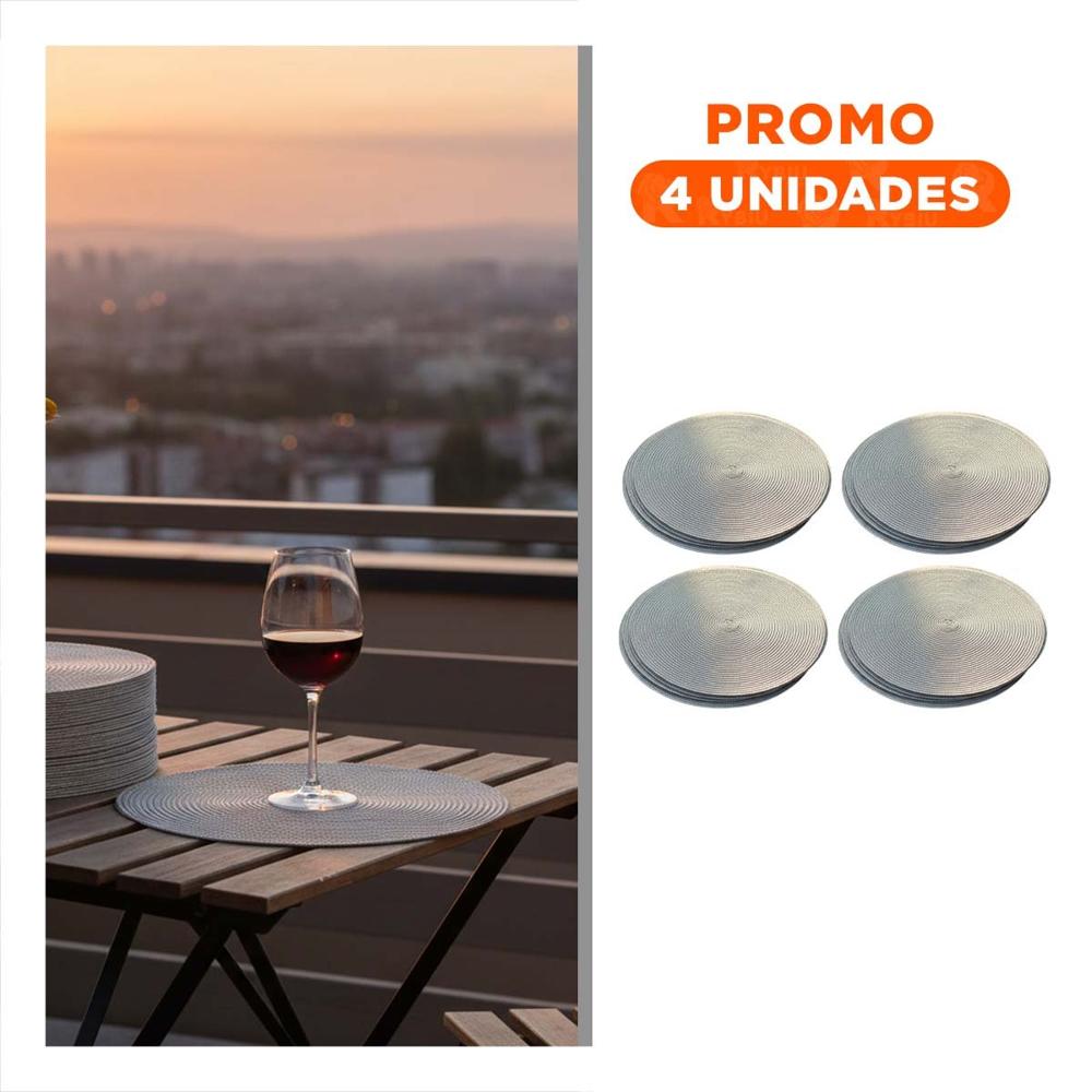 Pack4 Mantel Circular Plateado Pajita Brilloso con Formato 38x38cm