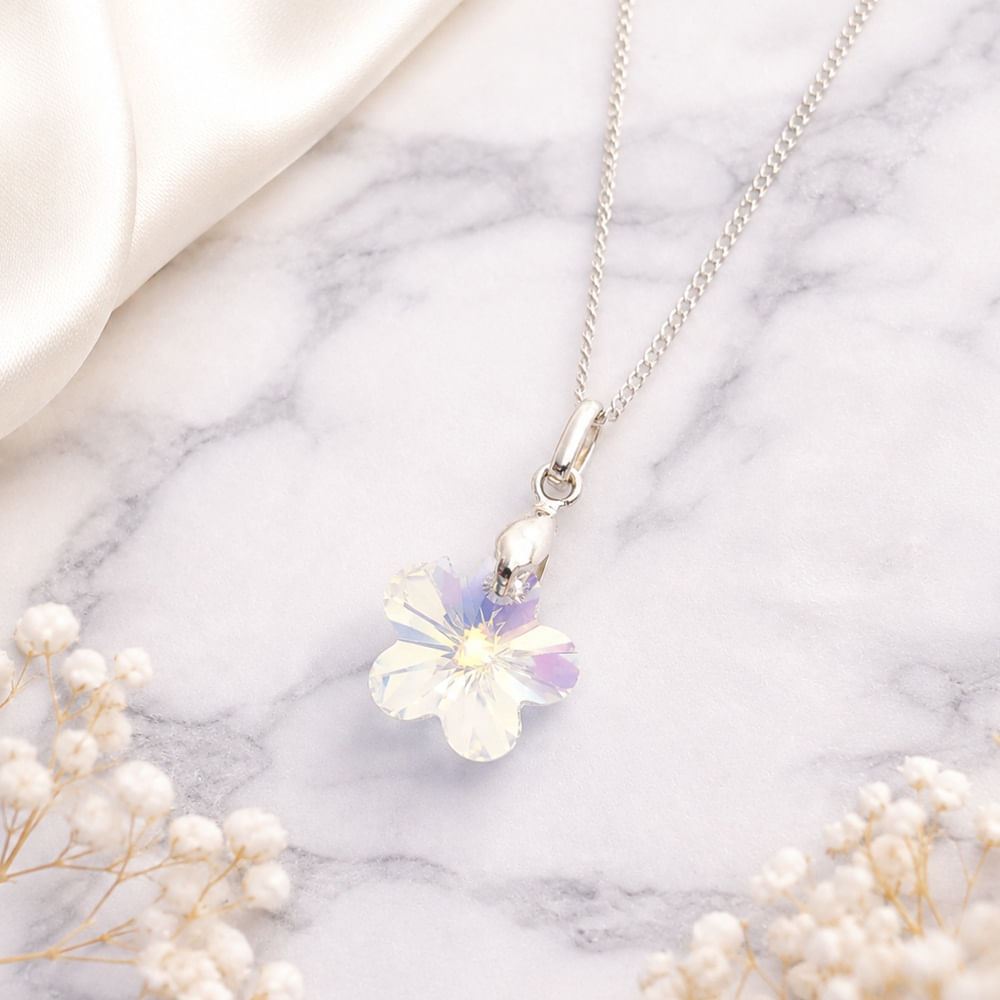 Collar de Plata 925 con Cristal Diseño Flor Blanca Aurora Boreal Elegante Ideal para Regalo