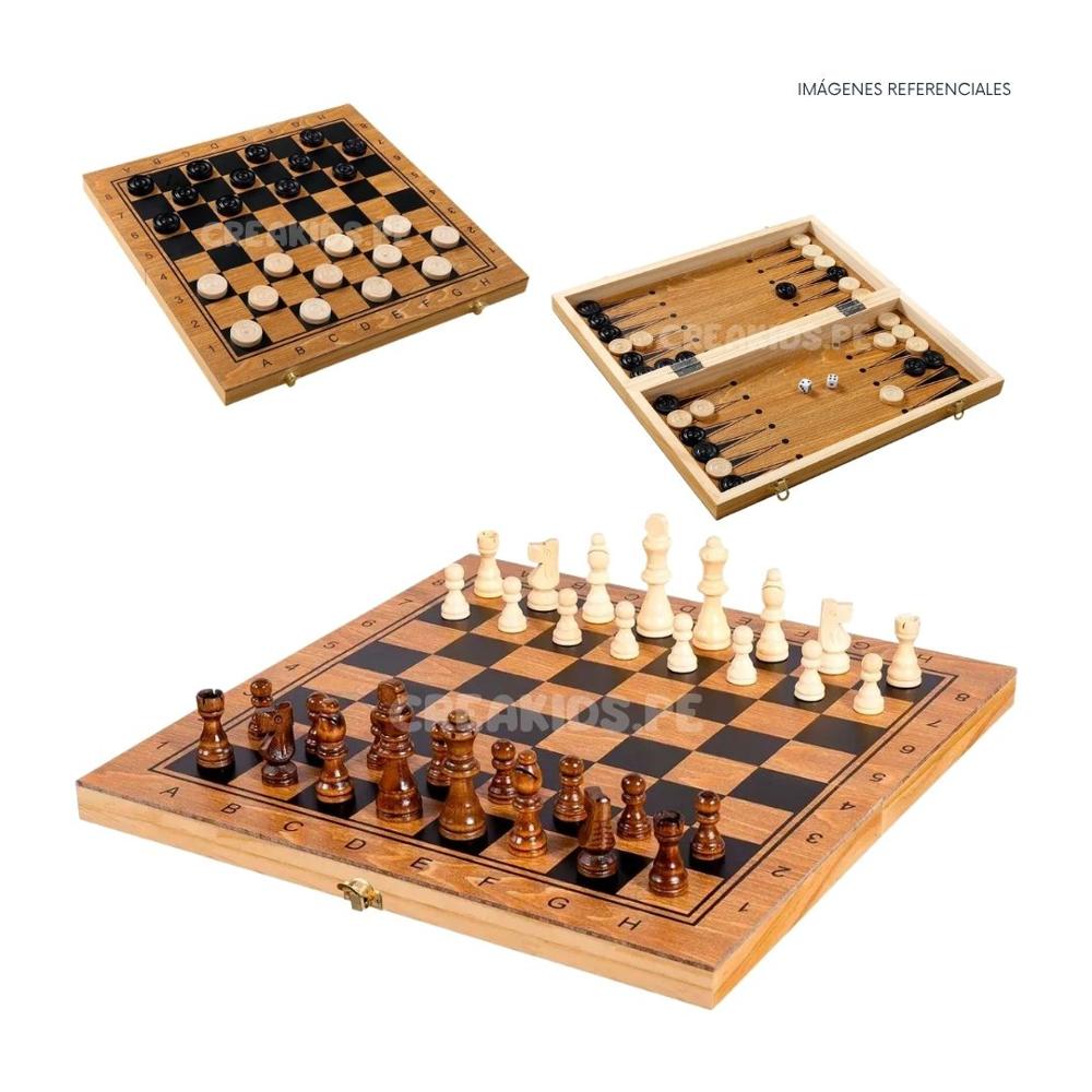 Ajedrez de Madera 3 en 1 con Damas y Backgammon - Pequeño 29 cm