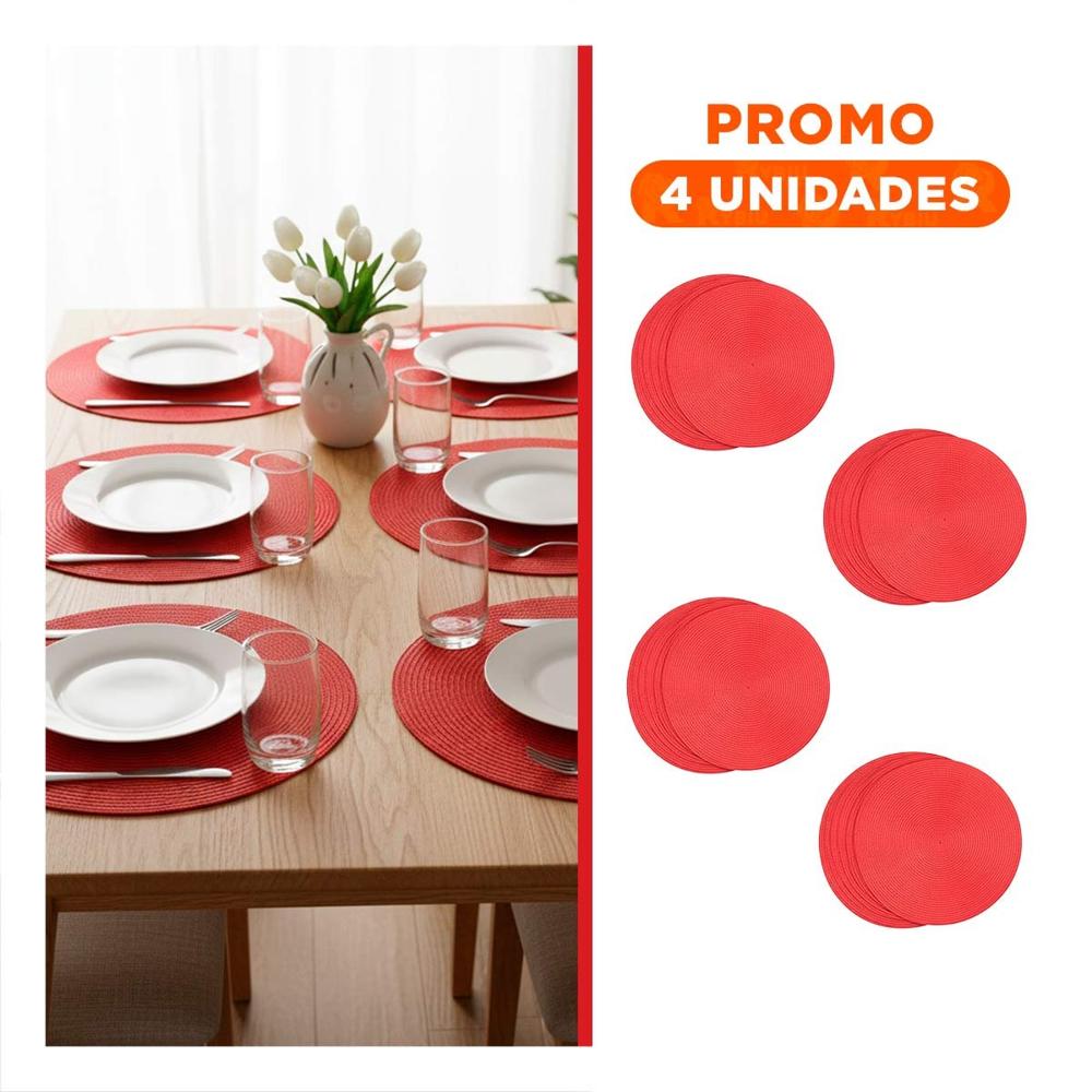 Pack4 Mantel Circular Rojo Pajita Brilloso con Formato 38x38cm