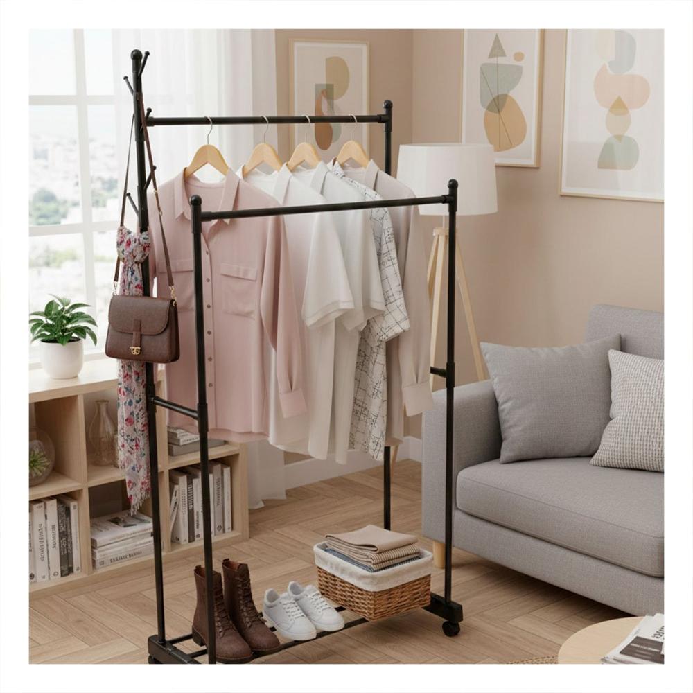 Repisa Colgador Doble De Ropa Negro para Closet y Sala Y Notas