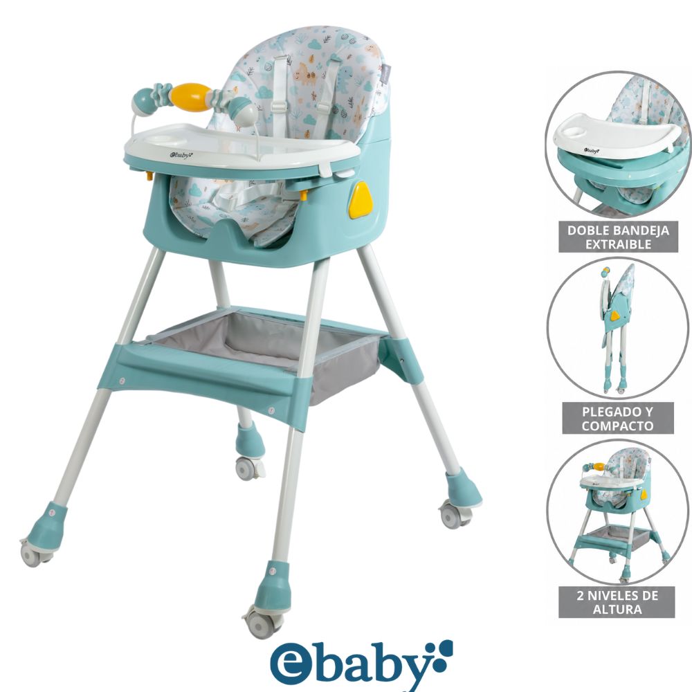 Silla de comer Ebaby Lulu Verde Con Ruedas Doble bandeja