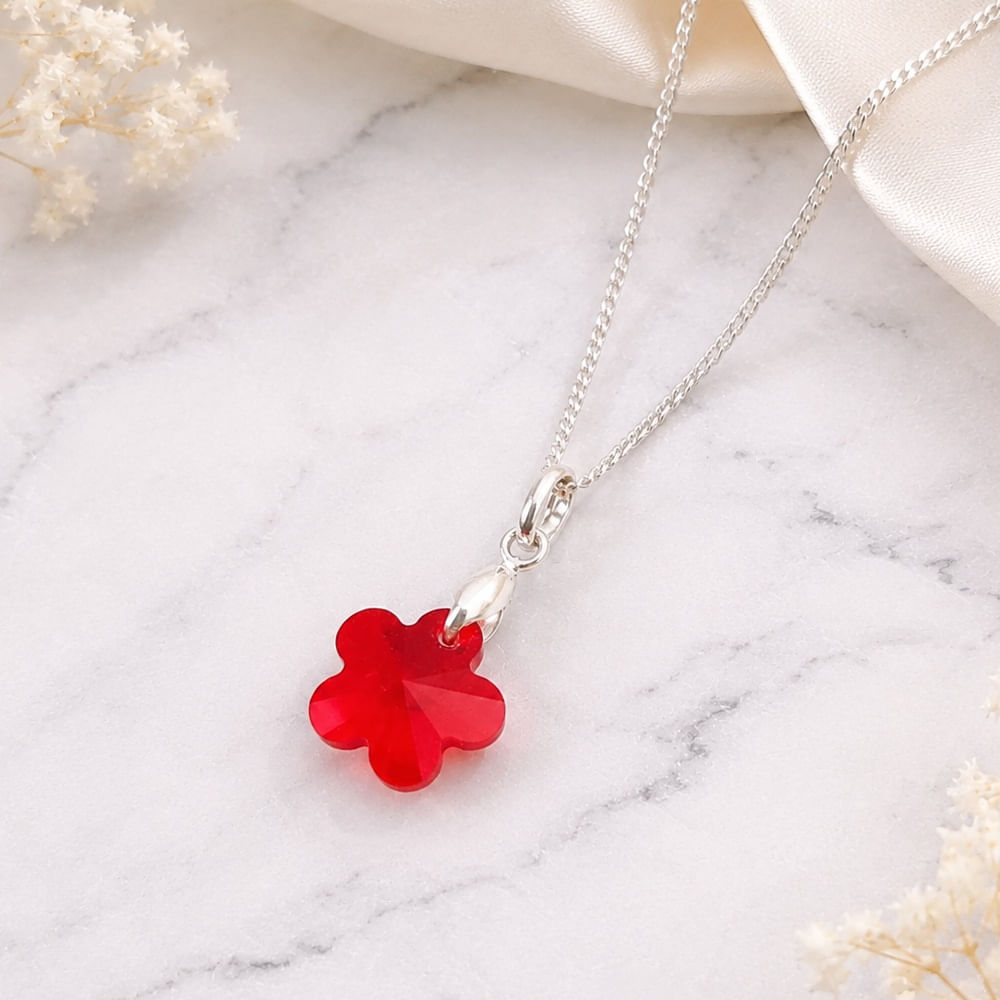 Collar de Plata 925 con Cristal Diseño Flor Roja Elegante Regalo Ideal para Mujer