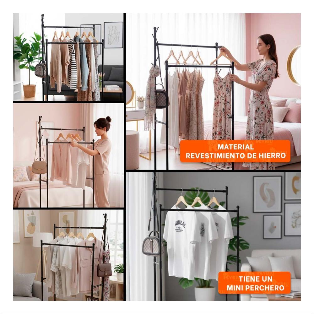 Rack Colgador Doble De Ropa Negro Práctico y Resistente Y Ligas Regalo