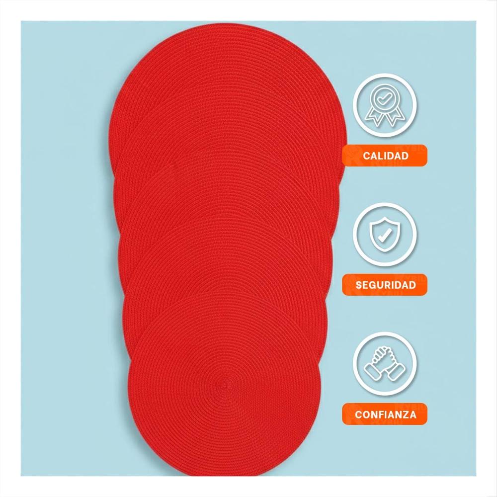 Individual Circular Rojo Pajita Mate para Mesa con Set de Seis y Medida 38x38cm