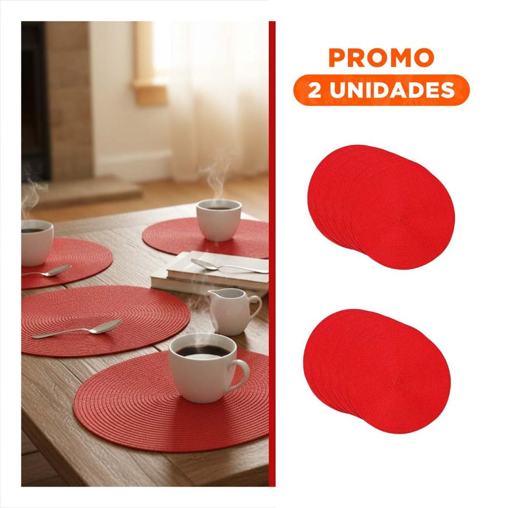 Pack2 Mantel Individual Circular con Acabado Pajita Mate Rojo Y Regalo Sticker