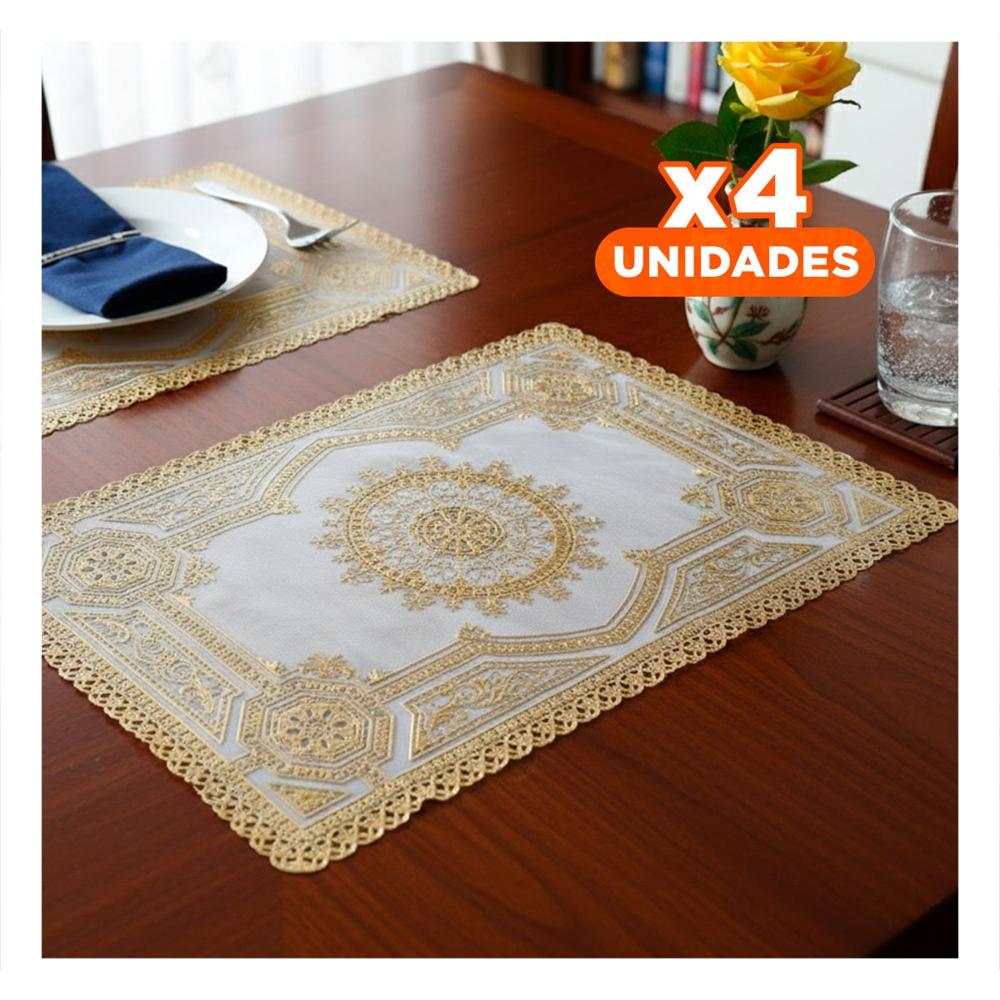 Pack4 Protector Rectangular Dorado con Encaje Mandala para Mesa de Casa YRegalo Sticker