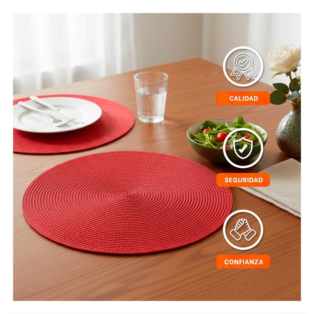 Individual Circular Rojo Pajita Brilloso para Mesa con Set de Seis y Medida 38x38cm