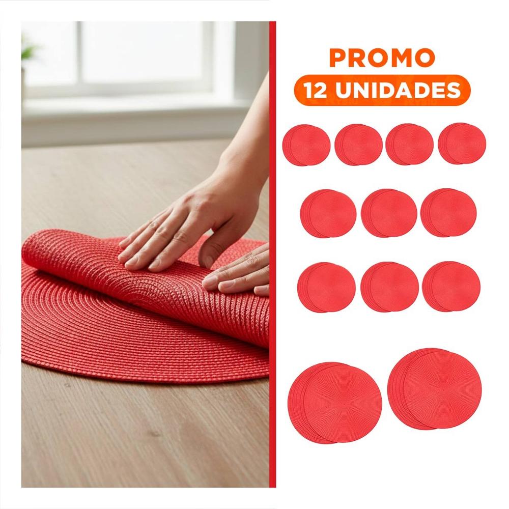 Pack12 Base Individual Circular Rojo Pajita Brilloso con Medida 38x38cm