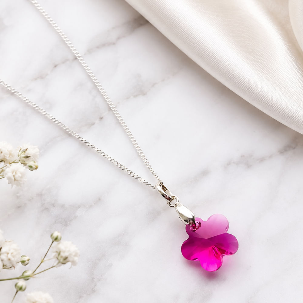 Collar de Plata 925 con Cristal Diseño Flor Lila Elegante Regalo Ideal Para Mujer