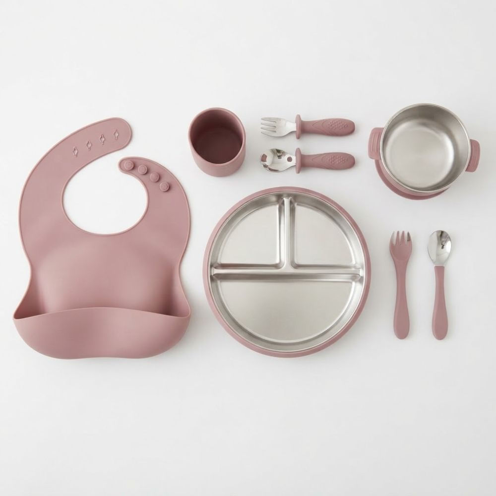 Set de Alimentación de Acero y Silicona 8 Piezas Palo Rosa