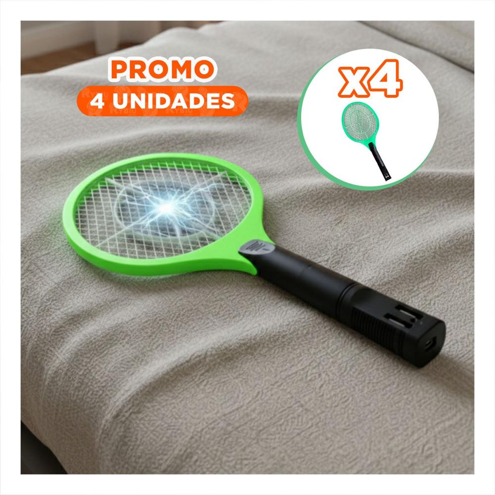 Pack4 Raqueta Mosquitera Verde con Mango Negro para Hogar y Uso en Interiores Y Regalo Sticker